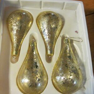 vtg GOLD LEAF 4 teardrop ornaments handpainted gold 5 in handblown glass